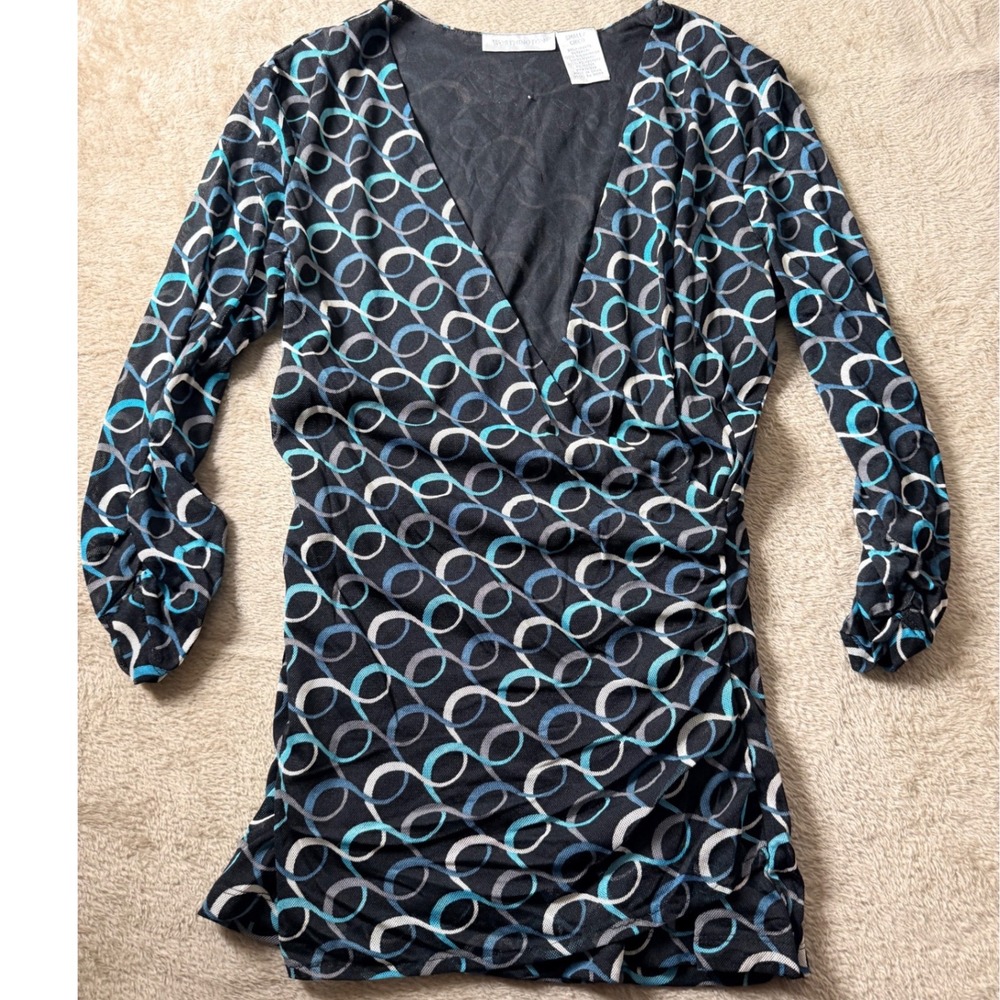 Worthington Womens Blue Mesh Geometric Ruched Top Small Office Siren Mod y2K